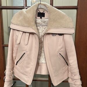 Banana Republic Women's Light Pink Leather Jacket with Shearling Collar